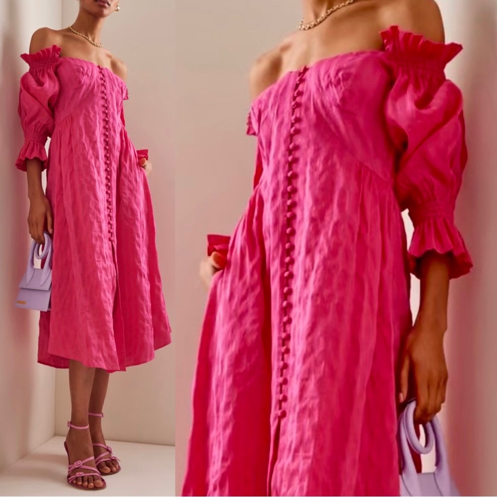 🌺🎉HP🎉🌺 NWT Cult Gaia Simona Off-The-Shoulder Ruffled Midi Dress Dragonfruit - Picture 4 of 16